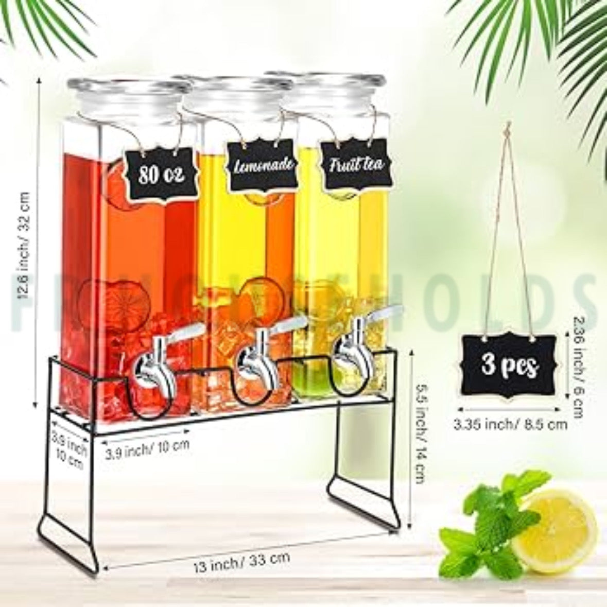 3-in-1 Beverage Dispenser with Metal Stand | Glass Drink Dispenser for Juice, Water, Lemonade & Cocktails
