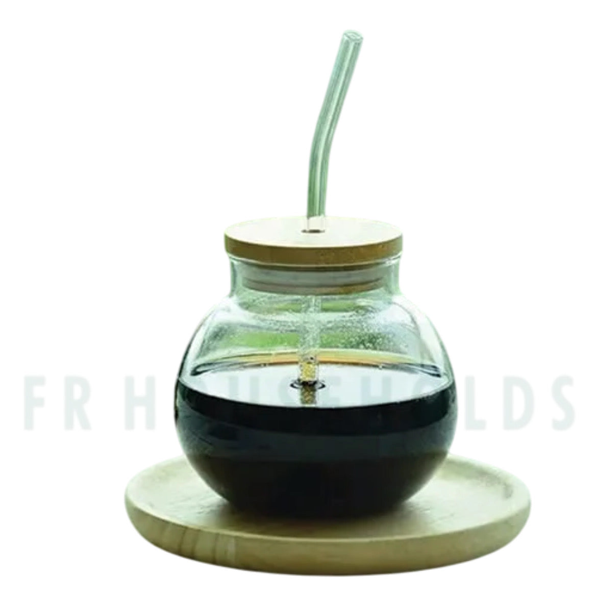 Round Globe Transparent Drinking Glass Tumbler with Bamboo Lid And Glass Straw | 400ml