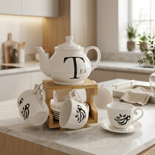 Aesthetic 15pc Ceramic Tea Serving Set with Bamboo Stand