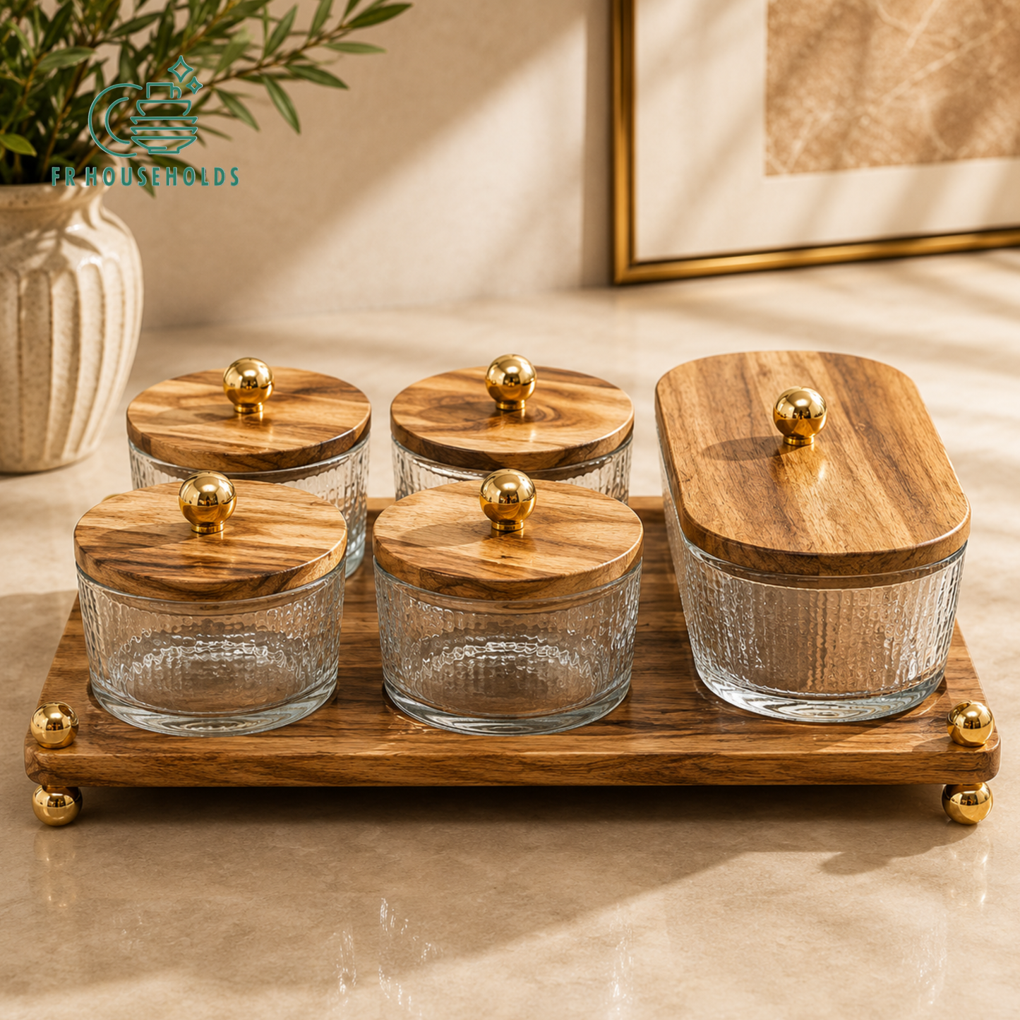 Luxury Fluted Glass Spice & Condiment Jar Set with Wooden Tray | FR HOUSEHOLDS