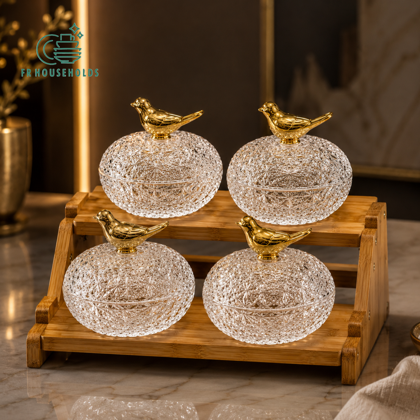 4-Piece Crystal Glass Dry Fruit Jar Set with 2-Tier Wooden Rack & Bird Lids