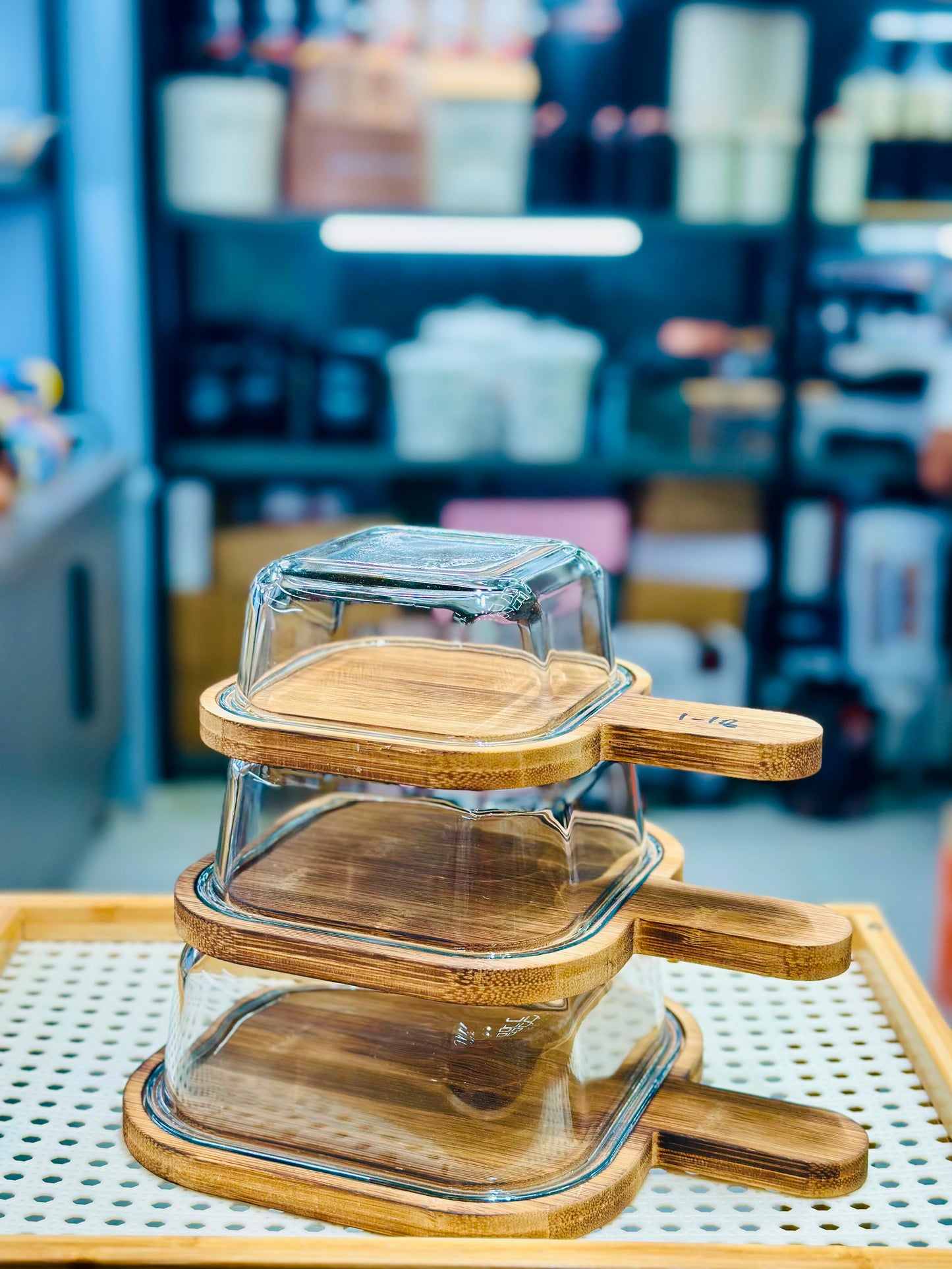 Trending Square Glass Serving Dish with Wooden Paddle Tray & Lid | FR HOUSEHOLDS
