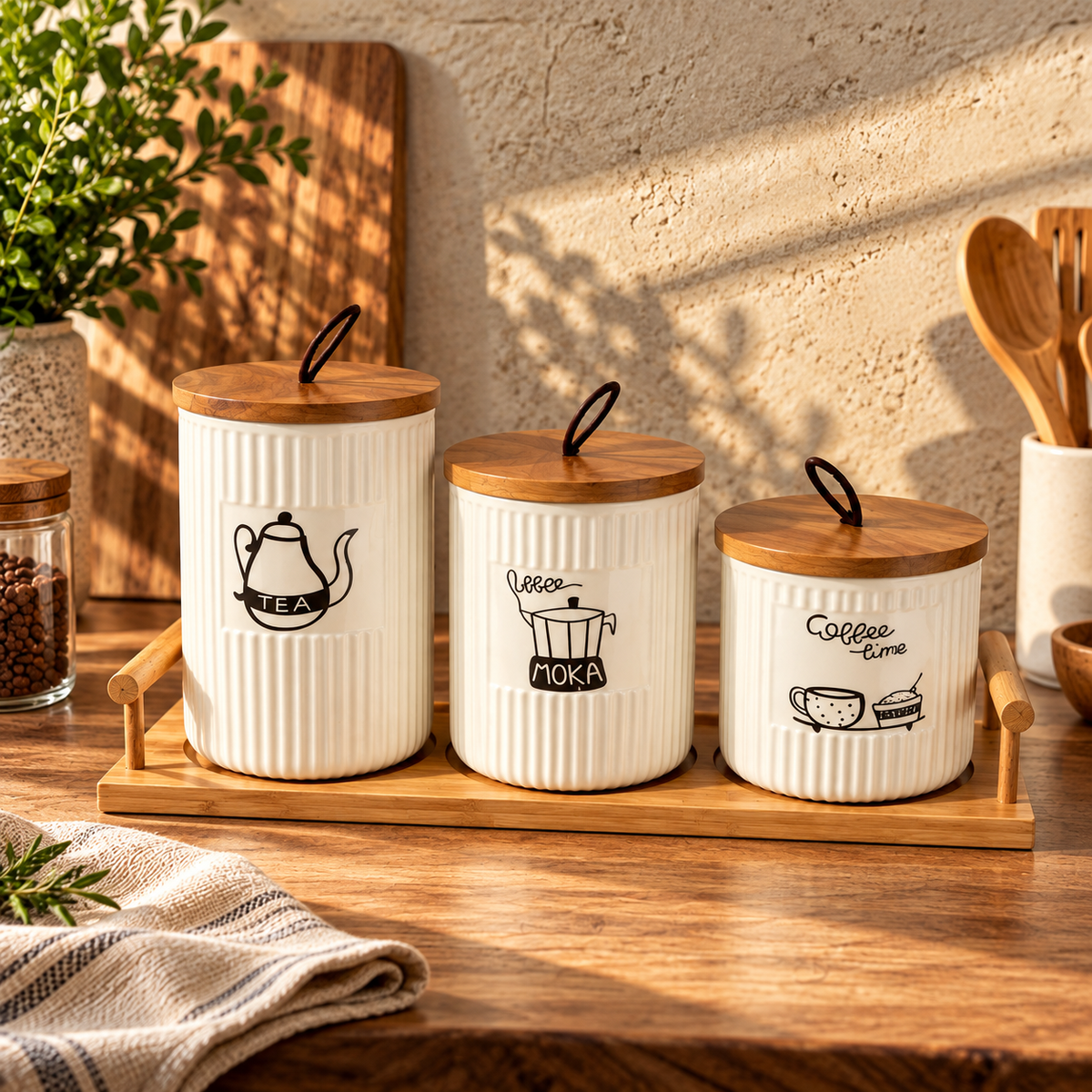 Tea coffee and moka storage jars with wooden lids and tray