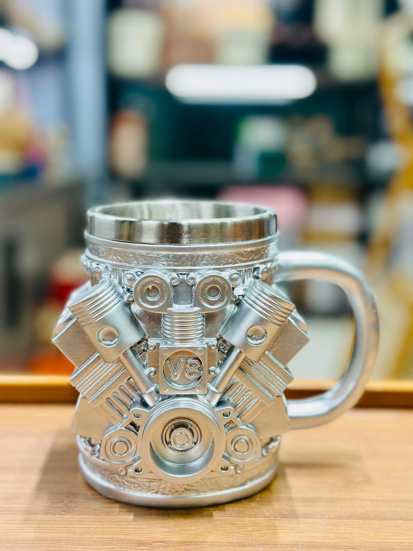 V8 Engine 3D Metallic Stainless Steel Coffee & Tea Mug | FR HOUSEHOLDS