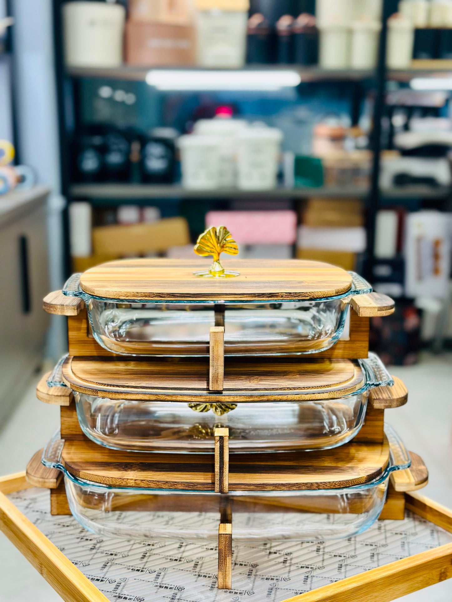 3-Piece Walnut Wood Rectangular Glass Casserole Set with Stand
