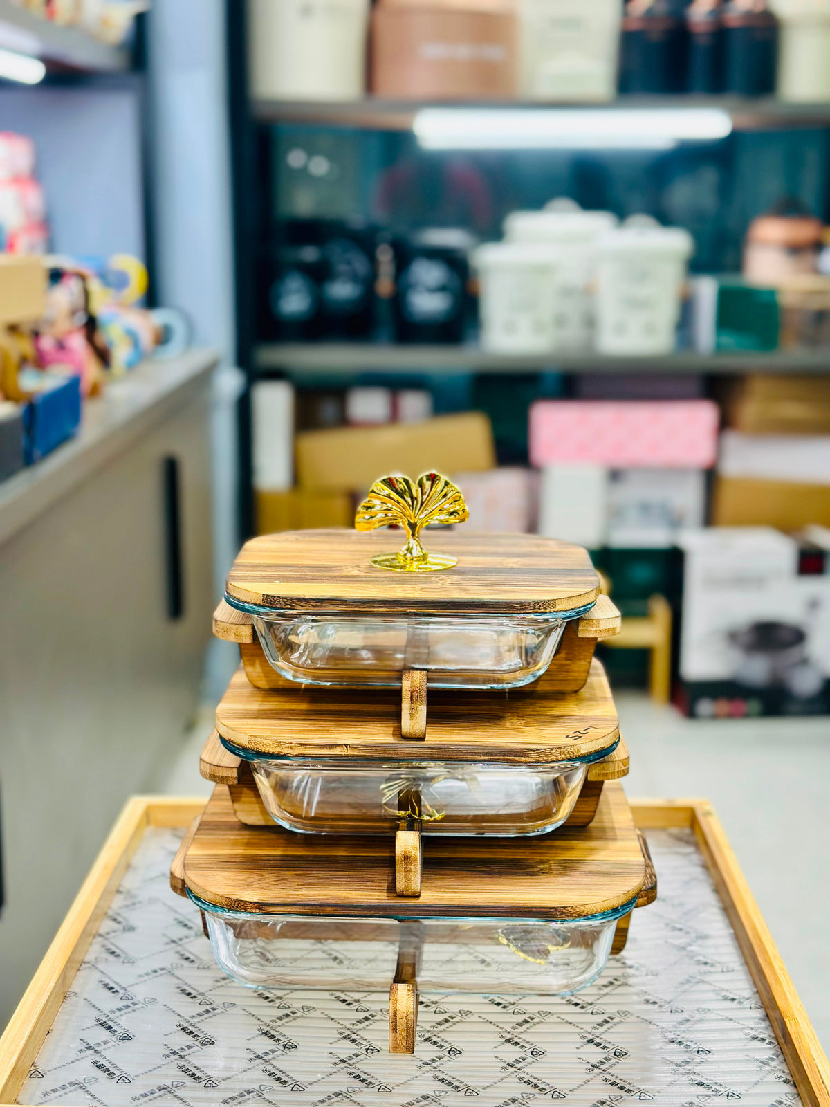 Walnut Wood Square Glass Serving Dish with Stand — 3 Sizes Available