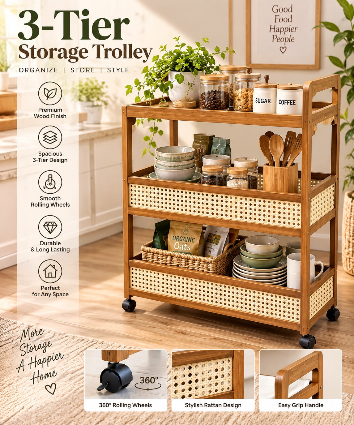 3-Tier Wooden Storage Trolley with Rattan Design & Wheels