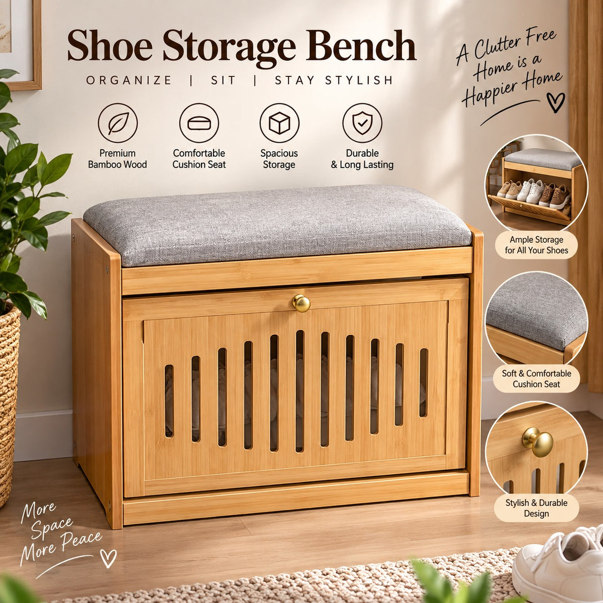 Bamboo Shoe Storage Bench with Cushioned Seat & Cabinet