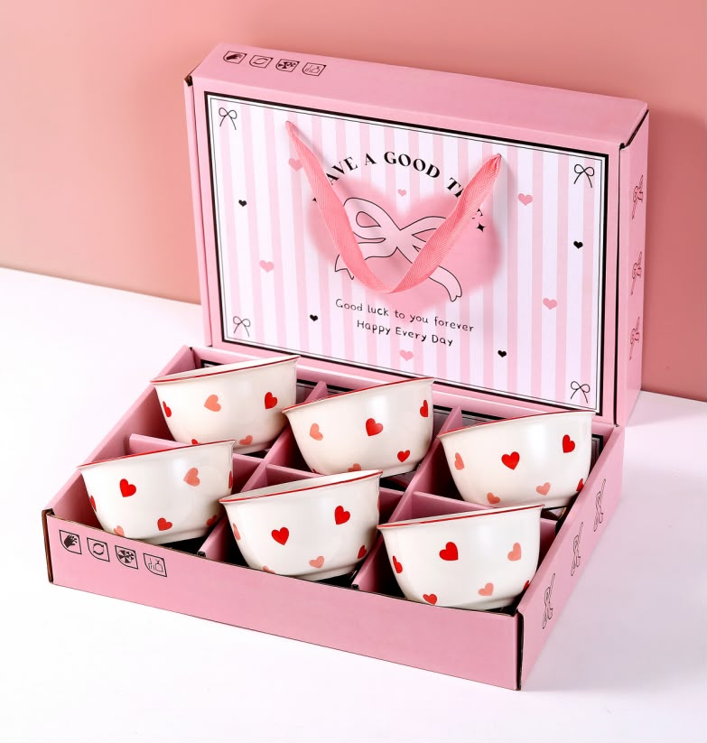 6-Piece Red & Pink Heart Ceramic Bowl Gift Set with Pink Presentation Box