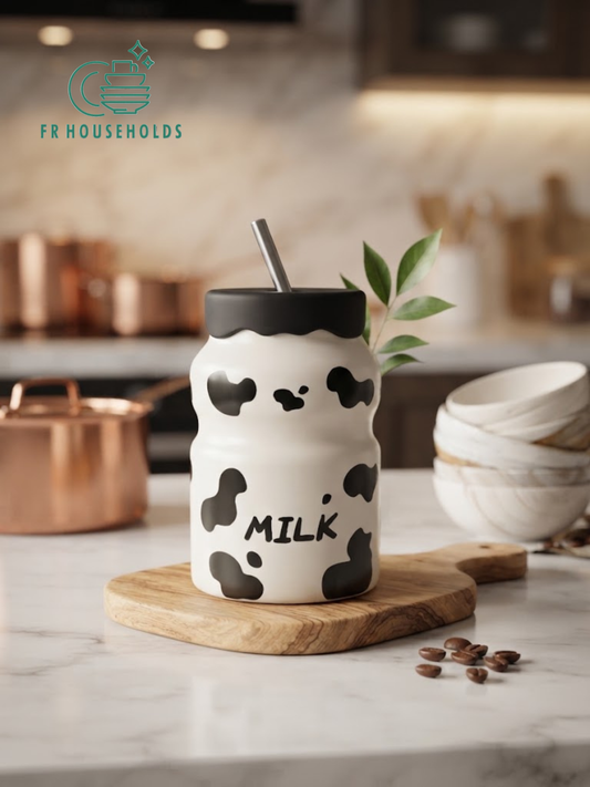 Cow Charm Milk Bottle Mug with Lid and Straw | FR HOUSEHOLDS