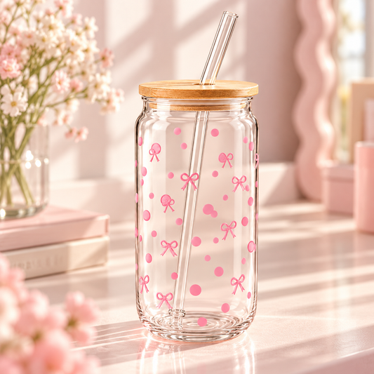 Pink Bow & Dot Glass Tumbler with Lid & Straw