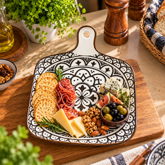 Black White Mandala Square Serving Platter with Handle