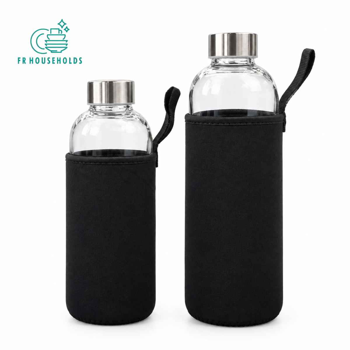 Clear Glass Water Bottle with Protective Neoprene Sleeve & Carry Strap