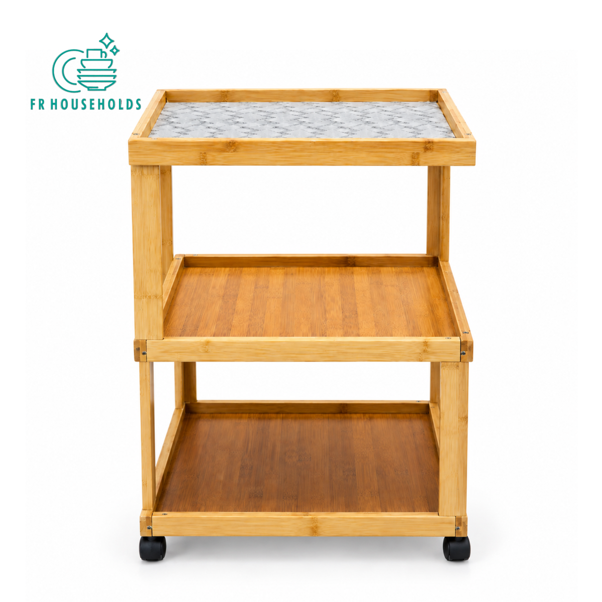 3-Tier Bamboo Rolling Side Table with Glass Top & Wheels