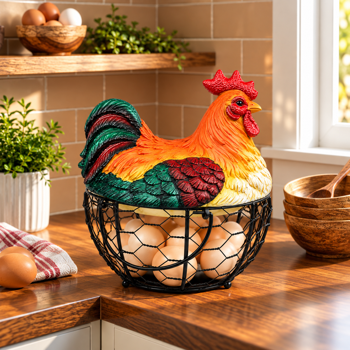 Decorative Rooster Egg Basket with Lid – Multi-Purpose Storage Basket