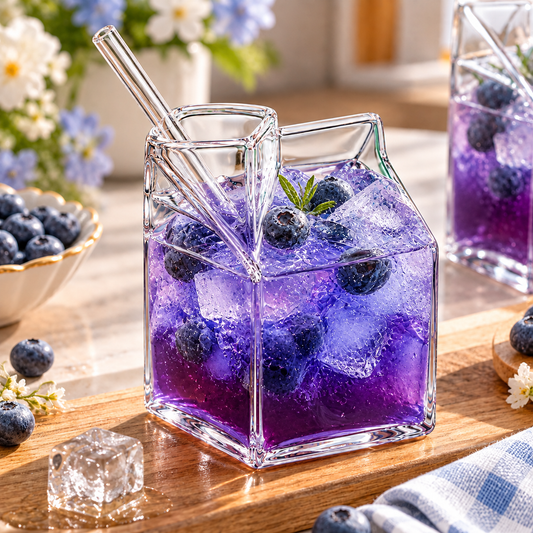 Milk Carton Shape Glass Cup with Flower Design