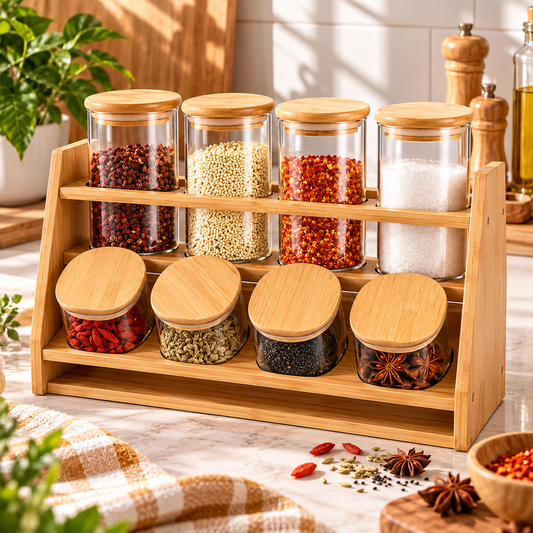 Bamboo Spice Rack with 8 Glass Jars & Bamboo Lids – 2 Tier Kitchen Organizer
