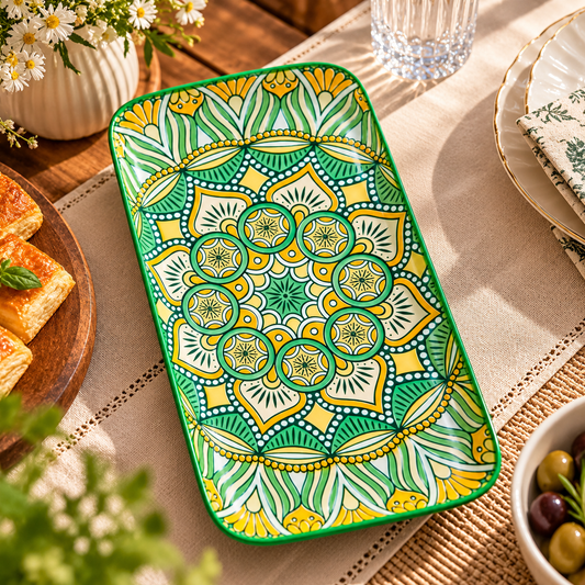 Green Yellow Mandala Floral Rectangular Serving Platter