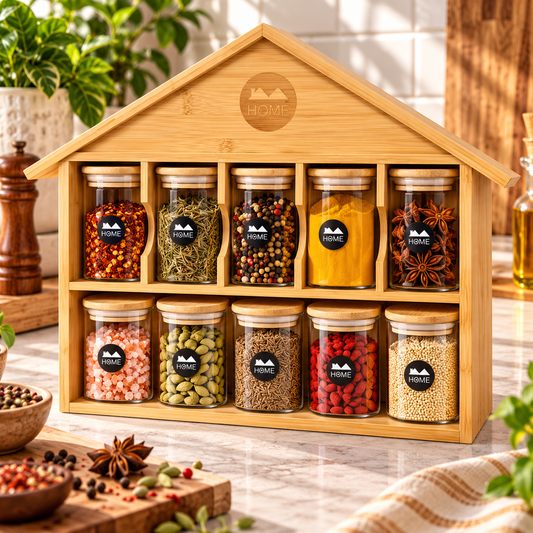 9 Piece Spice Jar Set with House-Shaped Storage Rack – Kitchen Organizer