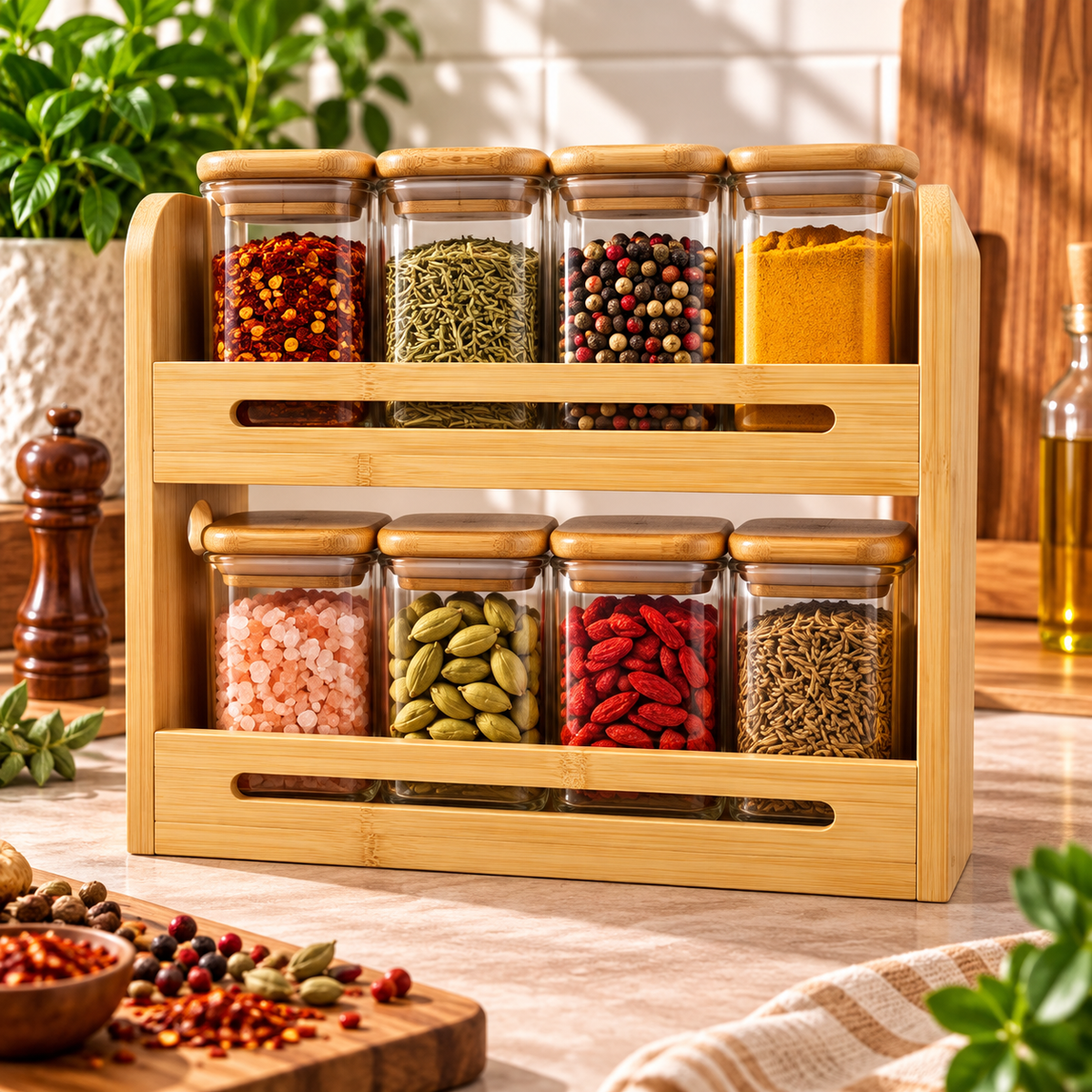 Bamboo Spice Rack with 8 Glass Jars & Bamboo Lids – 2 Tier Kitchen Organizer