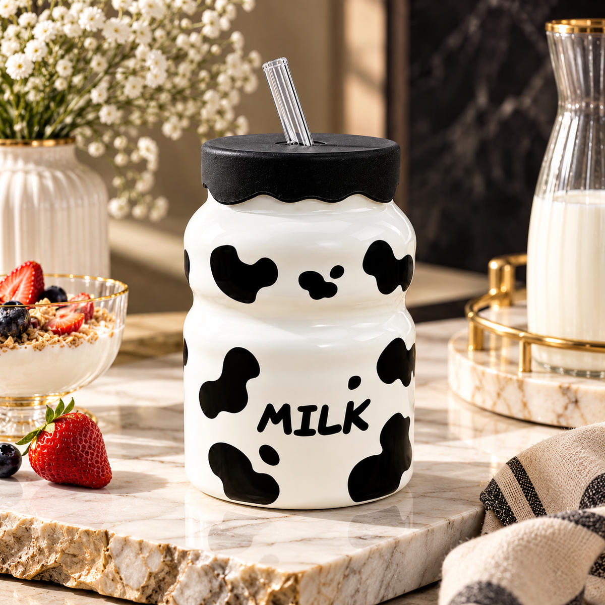Cow Charm Milk Bottle Mug with Lid and Straw