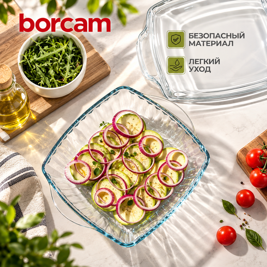 Borcam Square Glass Serving Dish with Lid – 2.6L