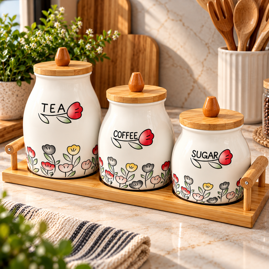 3-Piece Floral Ceramic Kitchen Storage Canister Set with Wooden Tray & Bamboo Lids