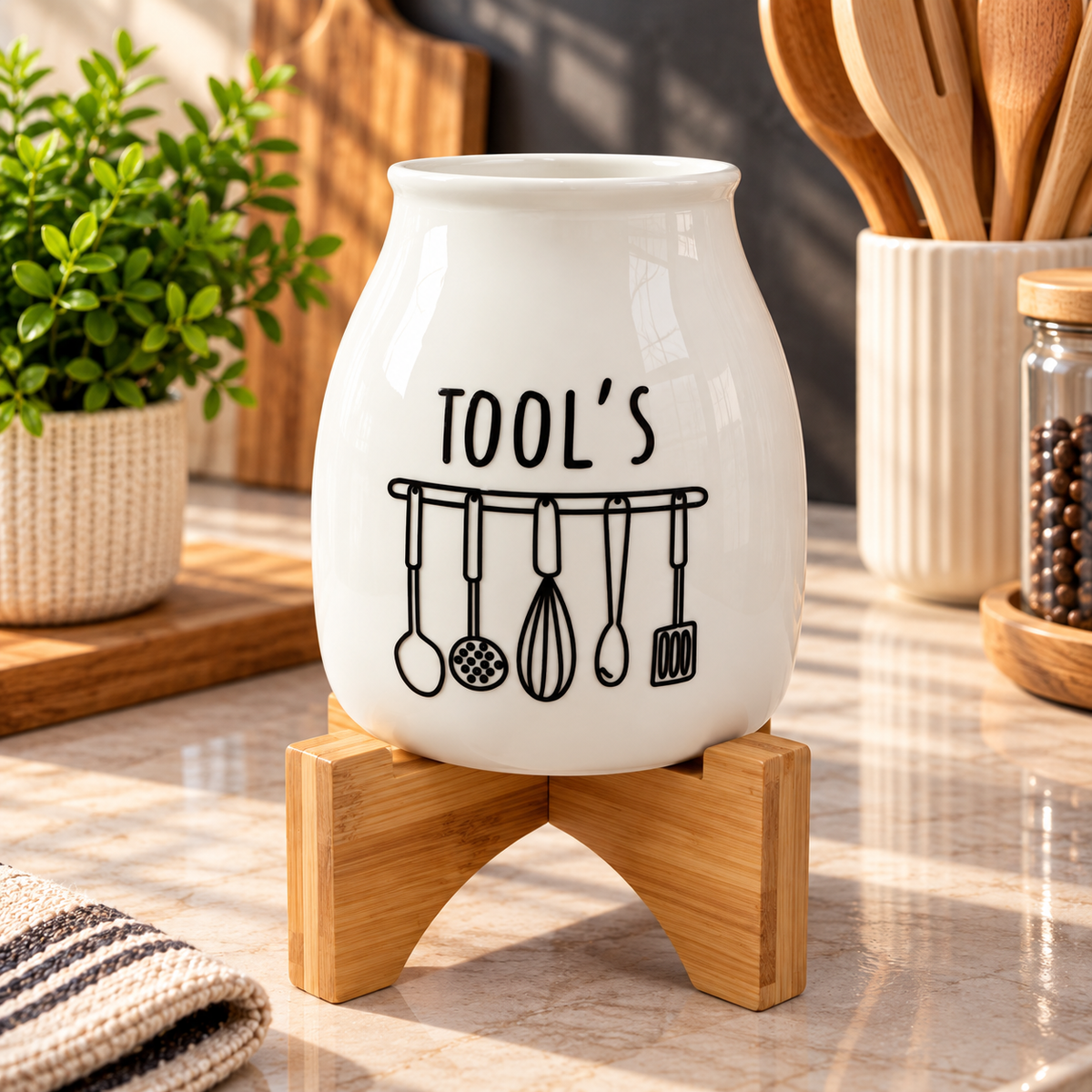 Ceramic Kitchen Tool Utensil Holder with Wooden Stand