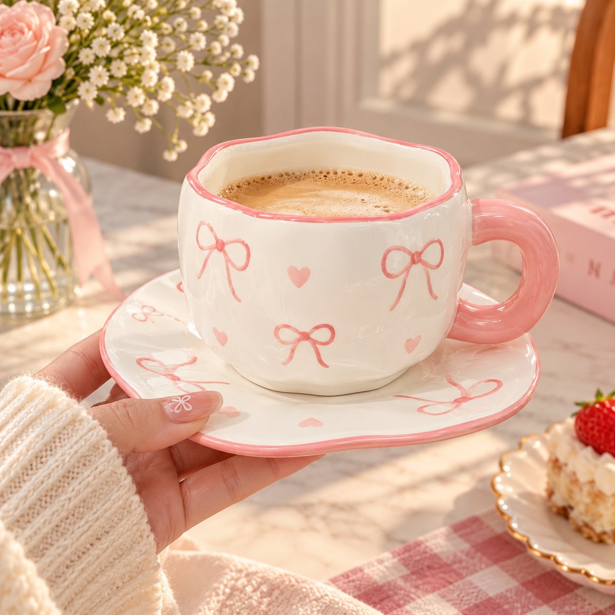 Pink Bow Print Ceramic Tea Cup and Saucer