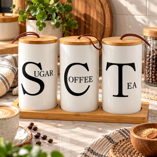 3-Piece Ceramic Sugar, Coffee, and Tea Canister Set with Wooden Tray & Lids