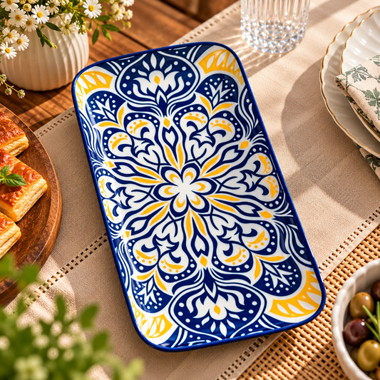 Blue White Yellow Floral Rectangular Serving Platter