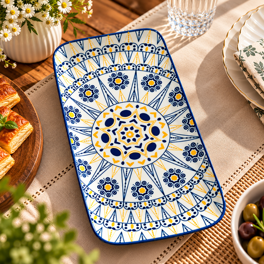 Blue White Yellow Geometric Rectangular Serving Platter