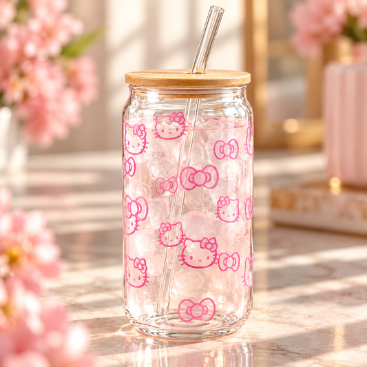 Hello Kitty Pink Glass Tumbler with Lid & Straw – Bow Design