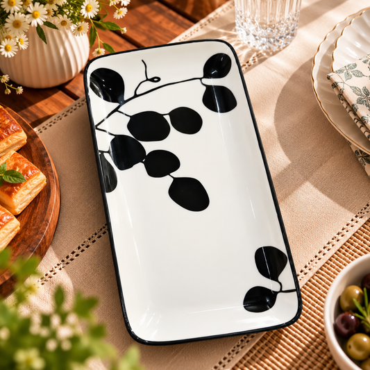 Black White Leaf Design Rectangular Serving Platter
