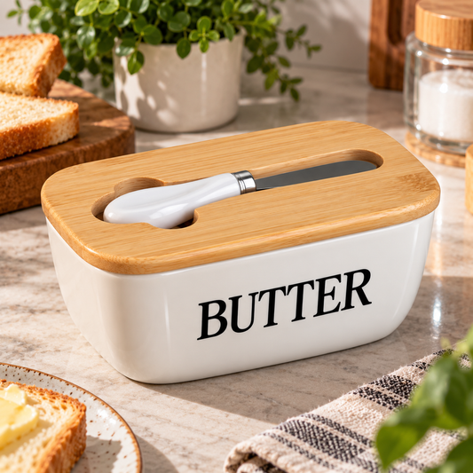 White Butter Dish with Wooden Lid & Butter Knife