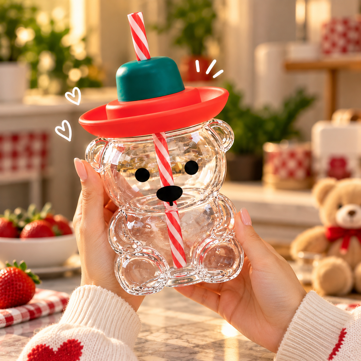 Cute Bear Shape Glass Cup with Hat Lid & Reusable Straw