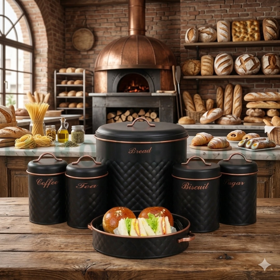 Premium Bread, Biscuit, Tea, Coffee & Sugar Canister Set with Elegant Serving Tray – Kitchen Storage & Organizer | 5pcs Set - Black