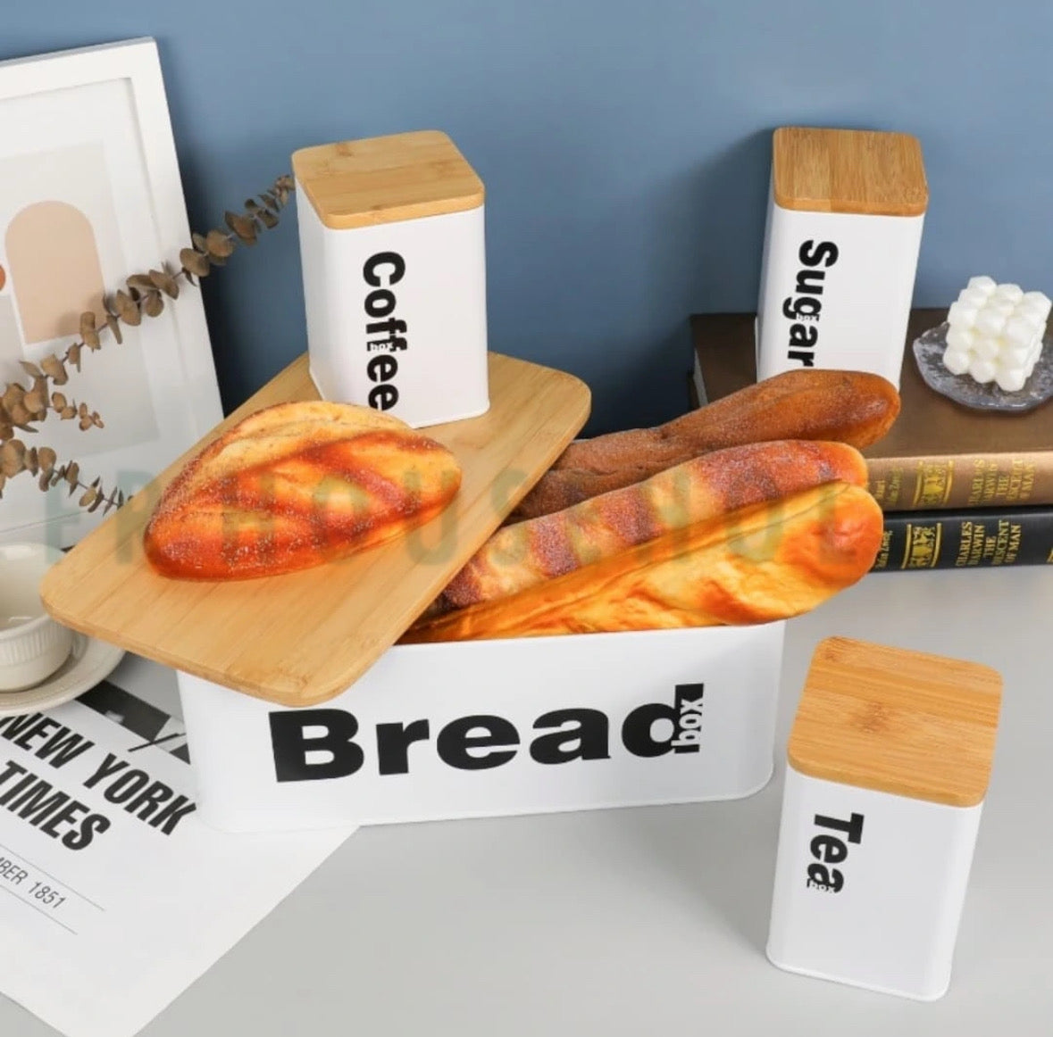 4pcs Stylish Bread, Tea, Sugar & Coffee Airtight Tin Canisters Set