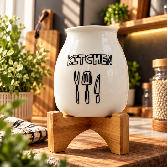 Ceramic Kitchen Utensil Holder with Wooden Stand