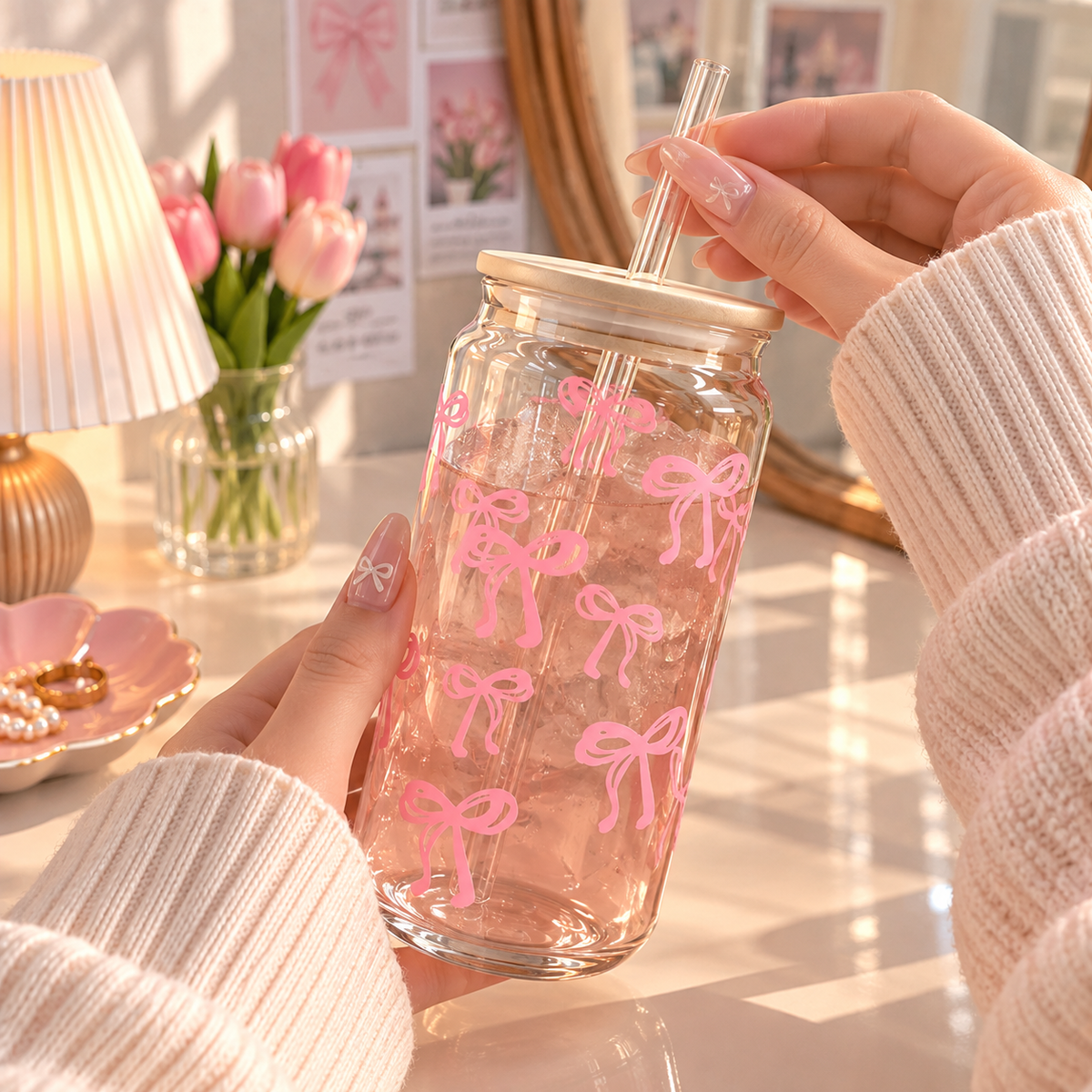 Pink Bow Glass Tumbler with Lid & Straw