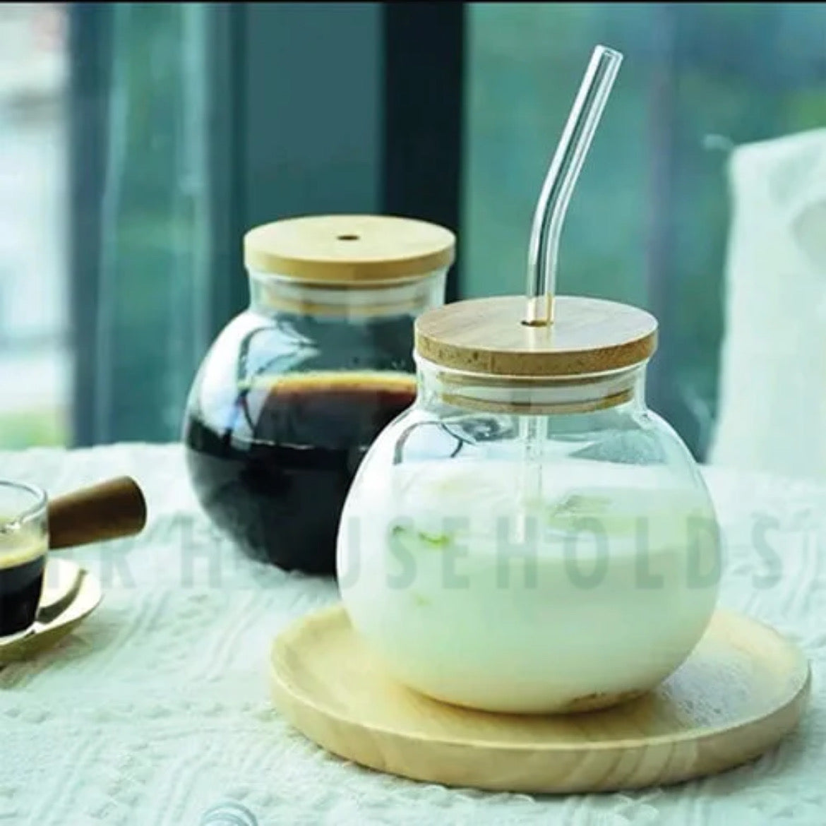 Round Globe Transparent Drinking Glass Tumbler with Bamboo Lid And Glass Straw | 400ml