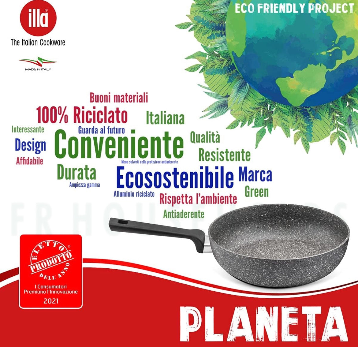 Illa Non Stick Nickel Free Bakelite Handle Planeta Frying Pan | (Made In ITALY)