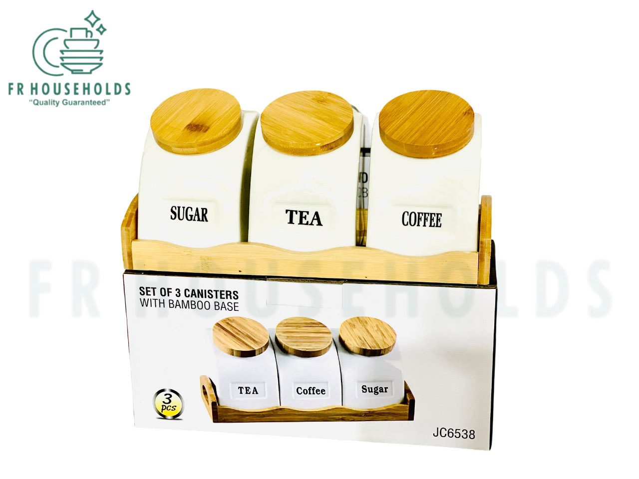 3-Piece Porcelain Airtight Jar Set with Real Bamboo Wood Stand