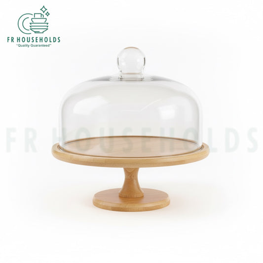 Wooden Revolving Cake Stand with Glass Dome