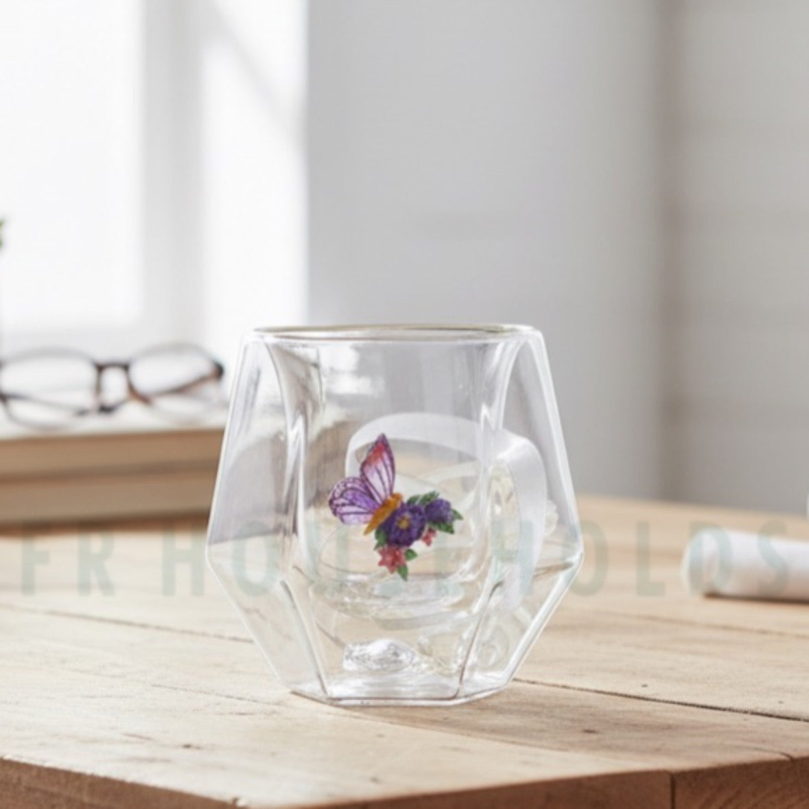 Double Wall Dried Ribbon Glass with Embossed Butterfly - 250ml