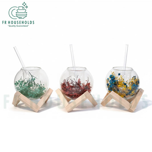 250ml Globe Shape Iced Tea Glass with Wooden Stand – Elegant & Aesthetic Drinkware