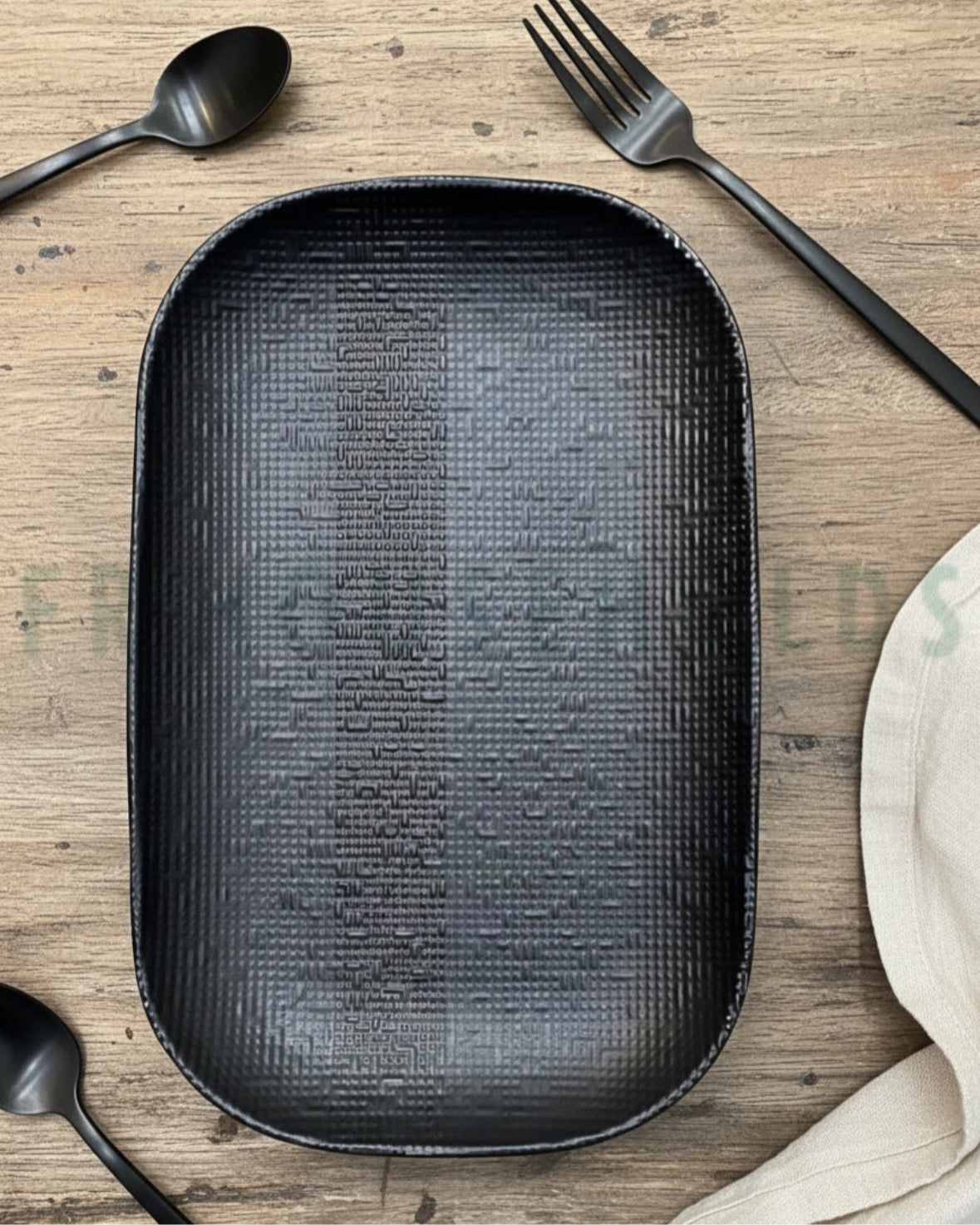 Rectangular Self-Embossed Texture Serving Platter – 10.5 x 6.5 Inch Elegant Ceramic Tray for Modern Dining - Matte Black