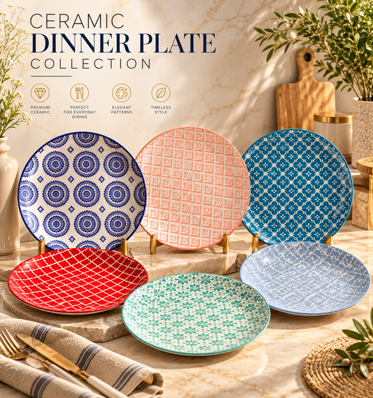 Danny Home 6-Piece Multicolour Bohemian Porcelain Dinner Plate Set – 26.7cm