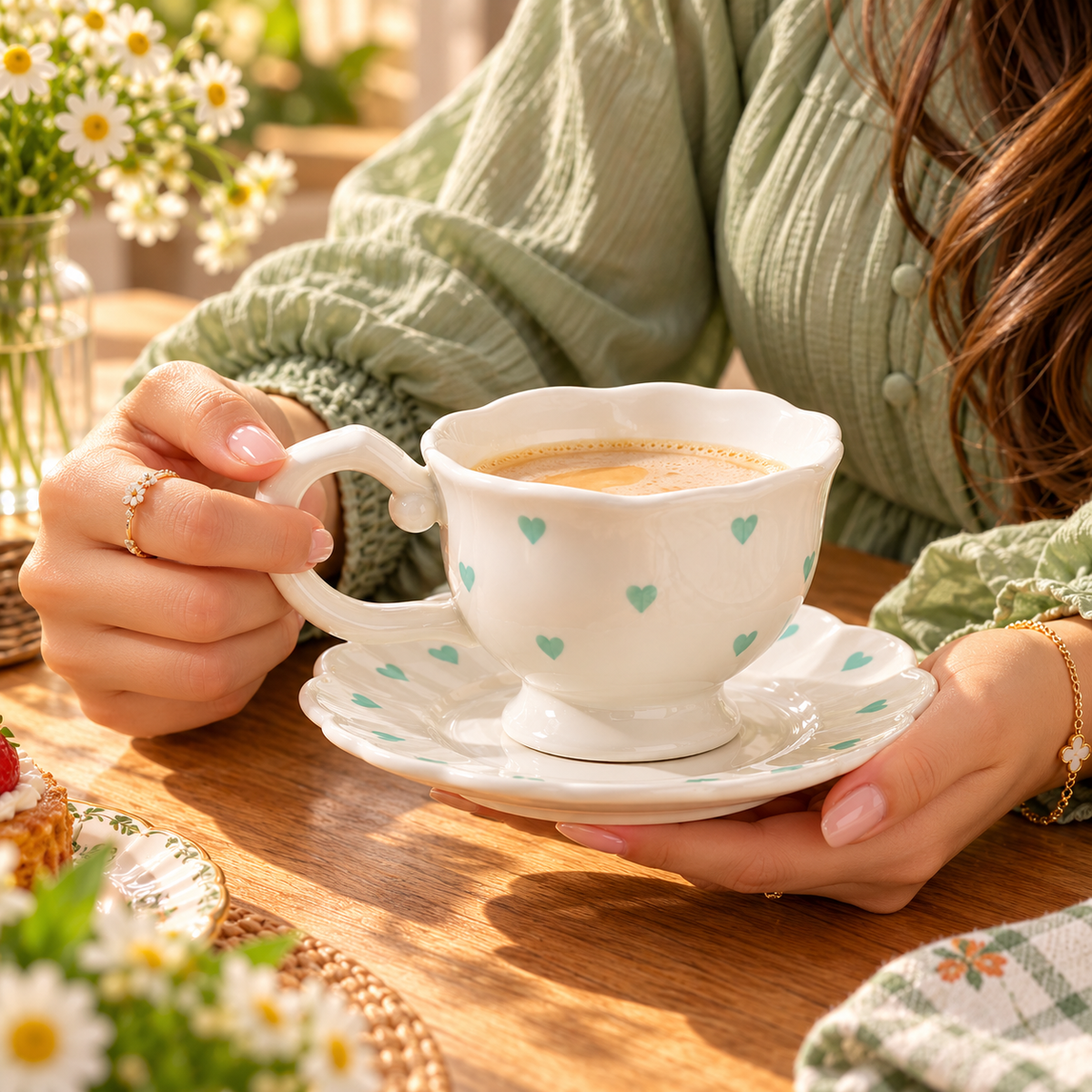 Heart Print Ceramic Tea Cup and Saucer – 250ml, Different Colours