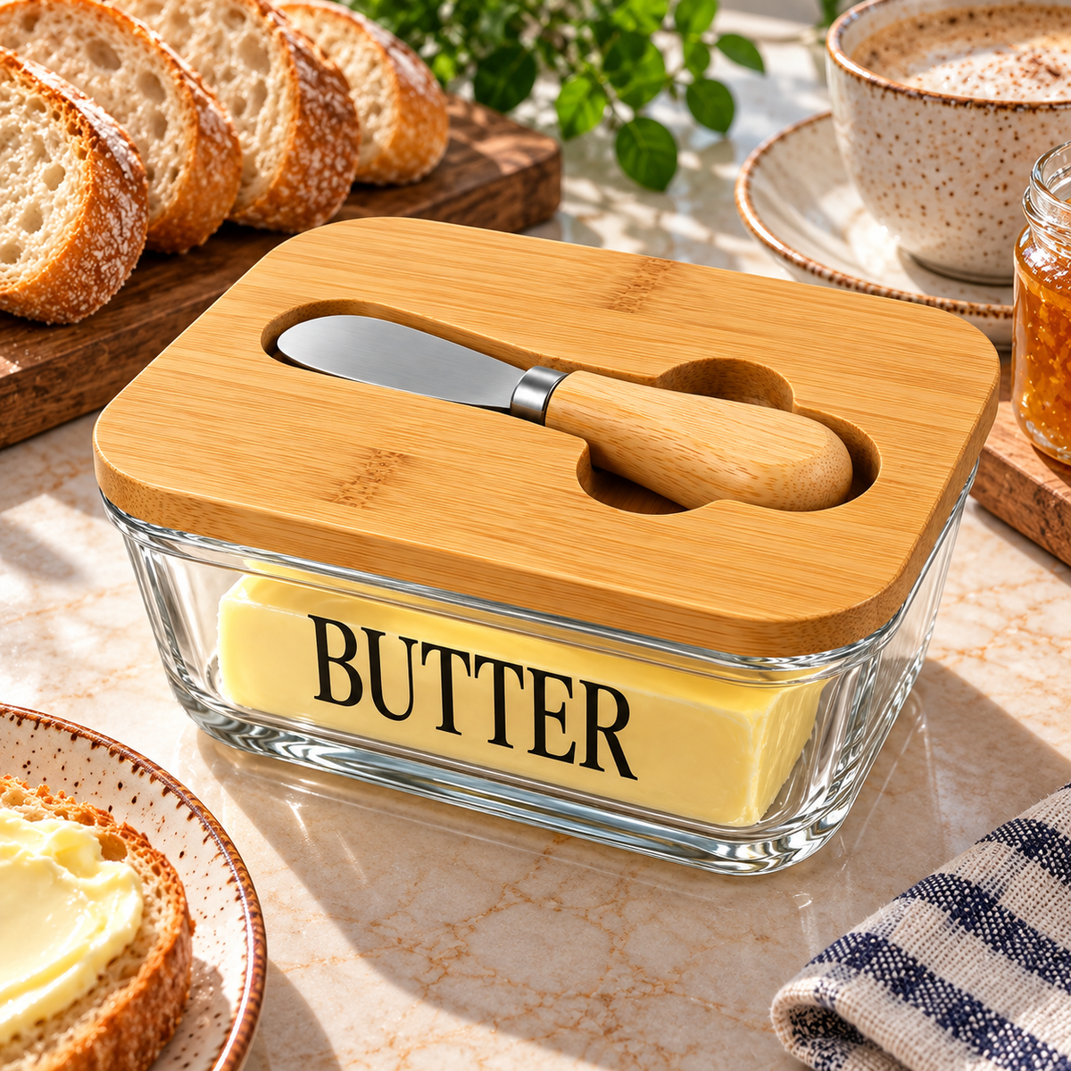 Glass Butter Dish with Wooden Lid and Knife – Square Design